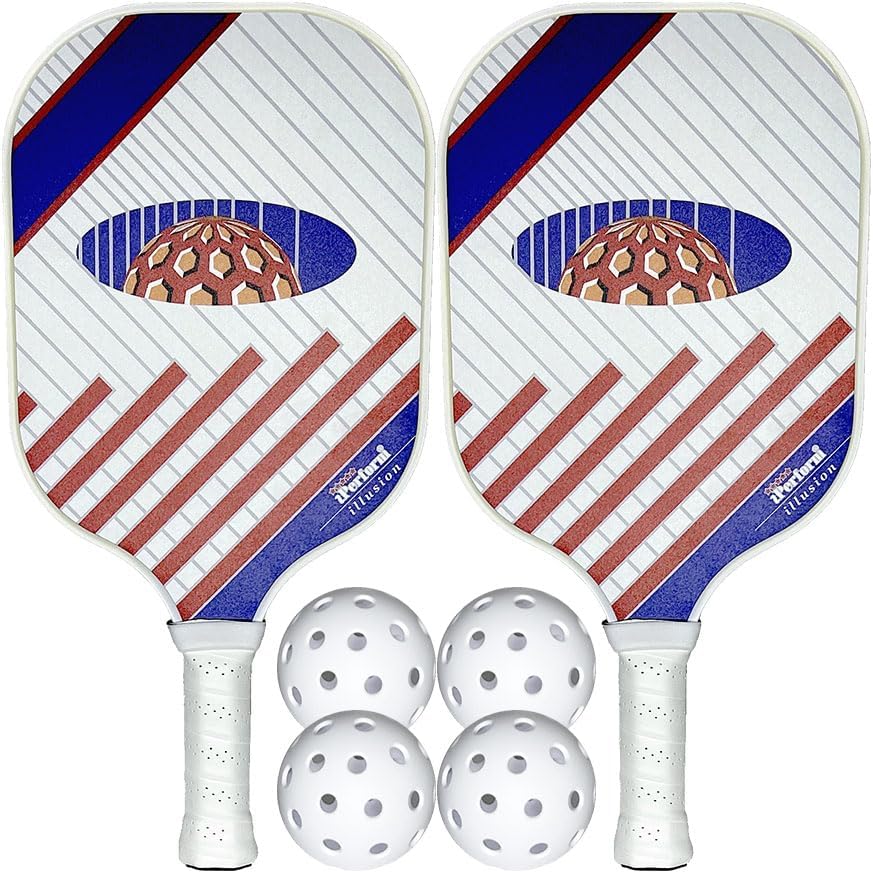 Pickleball Paddle Set Two Fiberglass Paddles & 4 White Balls with Black Bag Illusion by iPerform Brand