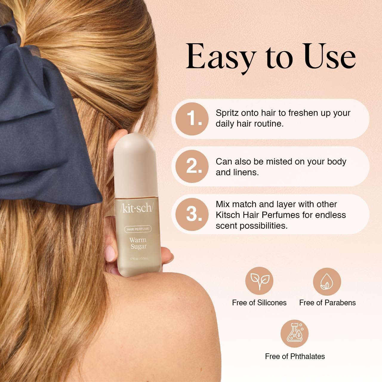 Kitsch Hair Perfume for Women - Warm Sugar | Clean, Deodorizing & Patented Odor-Eliminating Technology Hair Spray & Body Mist - Freshen Hair, Body & Pillows - Pink Grapefruit & Vanilla Scent - 50mL - Image 4