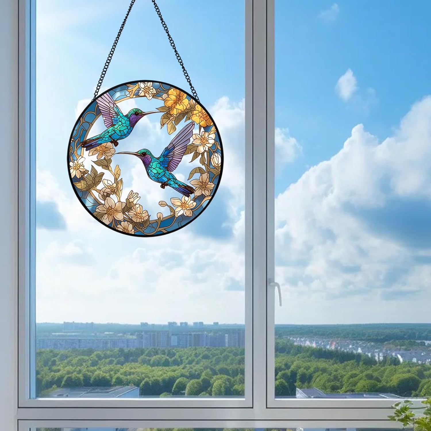 Hummingbird Stained Glass Suncatcher - 7.87" Real Glass Window Hanging with Metal Chain, for Indoor Outdoor Home Garden, Gift for Bird Lovers