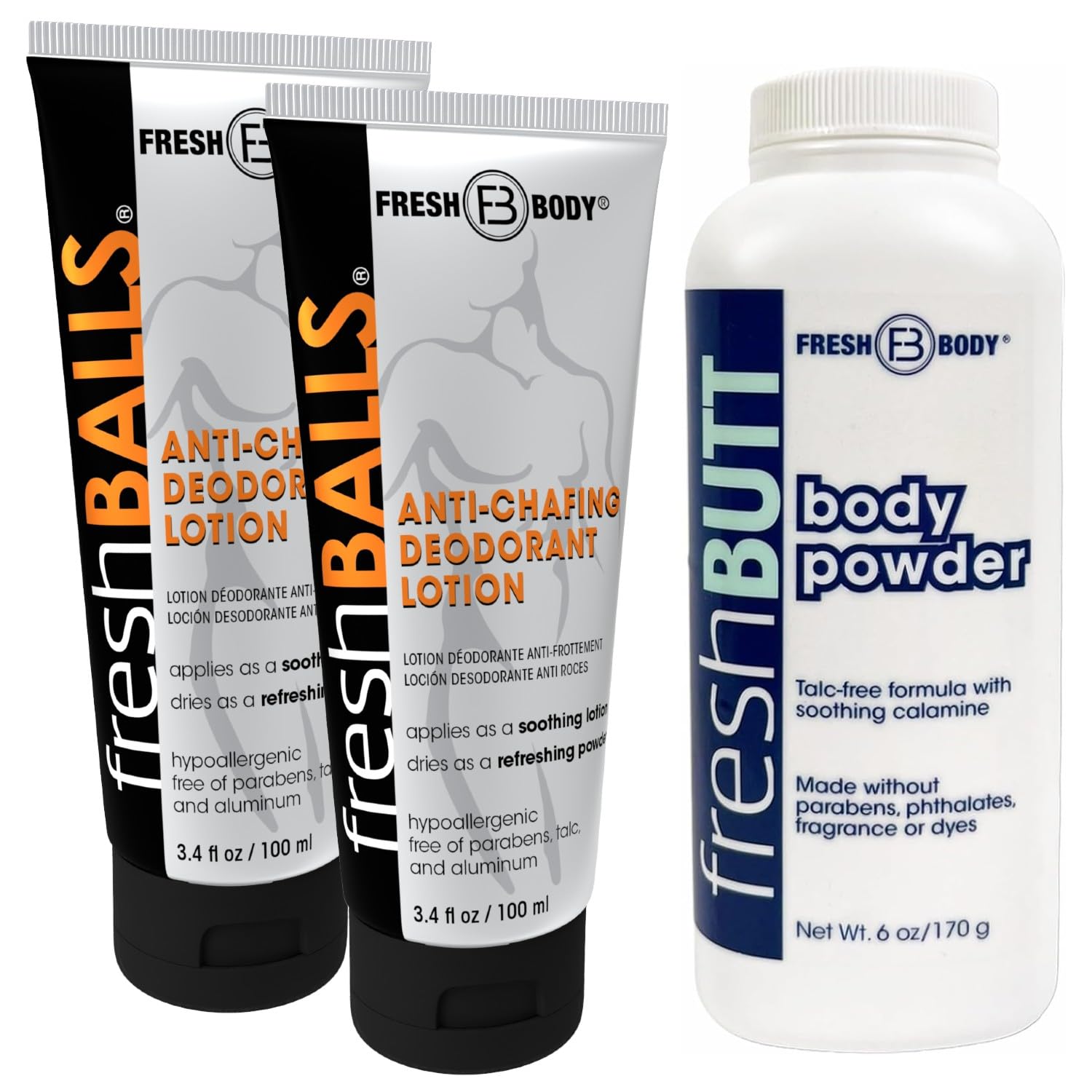 Fresh Body FB Balls & Butt Anti-Chafe Bundle – Men's Lotion (3.4 Fl Oz) & Multi-Purpose Body Powder (6 Oz) – Talc-Free, Plant-Based Protection Against Sweat & Irritation (Pack of 2)