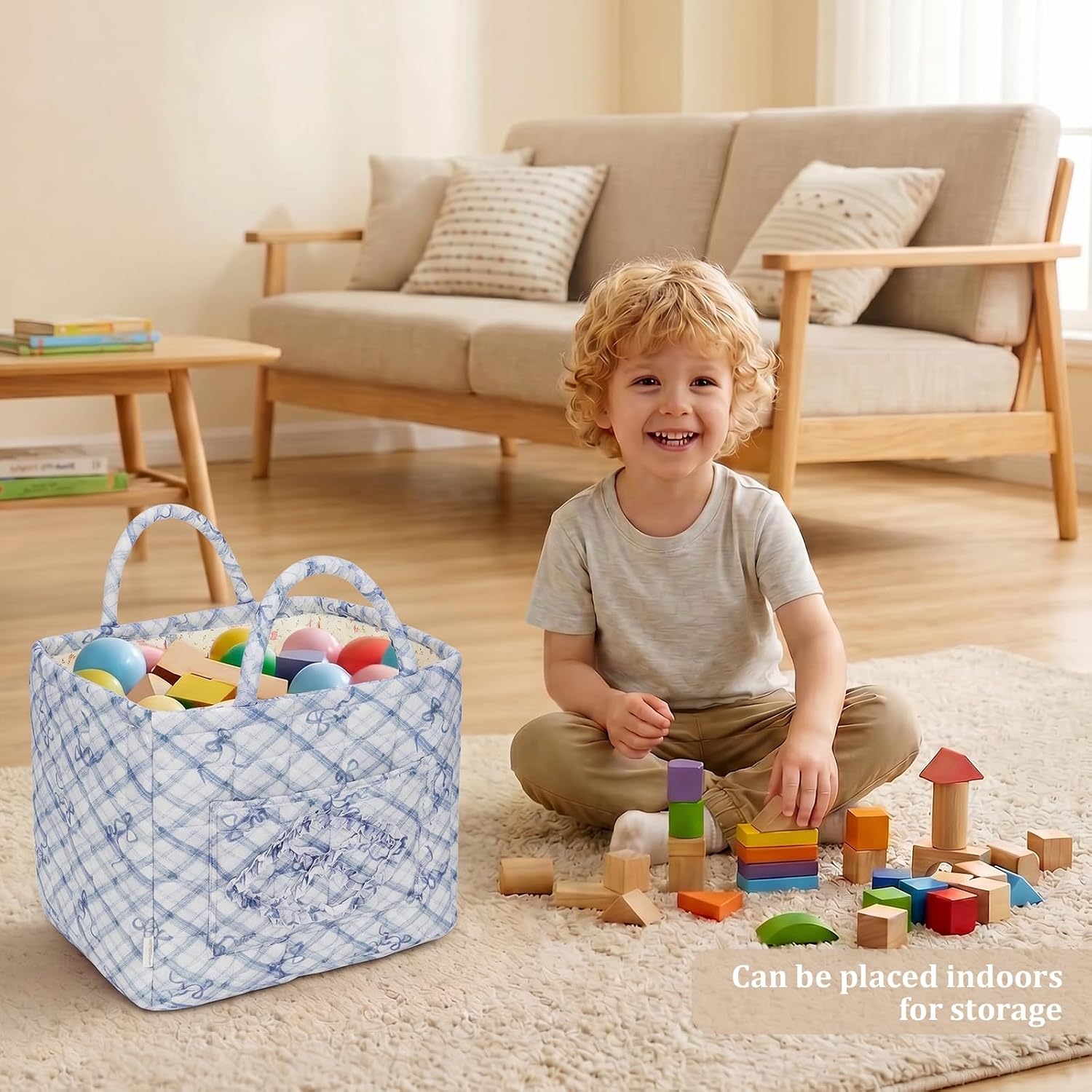 Floral Fabric Storage Basket Car Interior Storage Basket Underwear Sundries Laundry Baskets Supplies Home Organizer Bag (blue bow) image 5