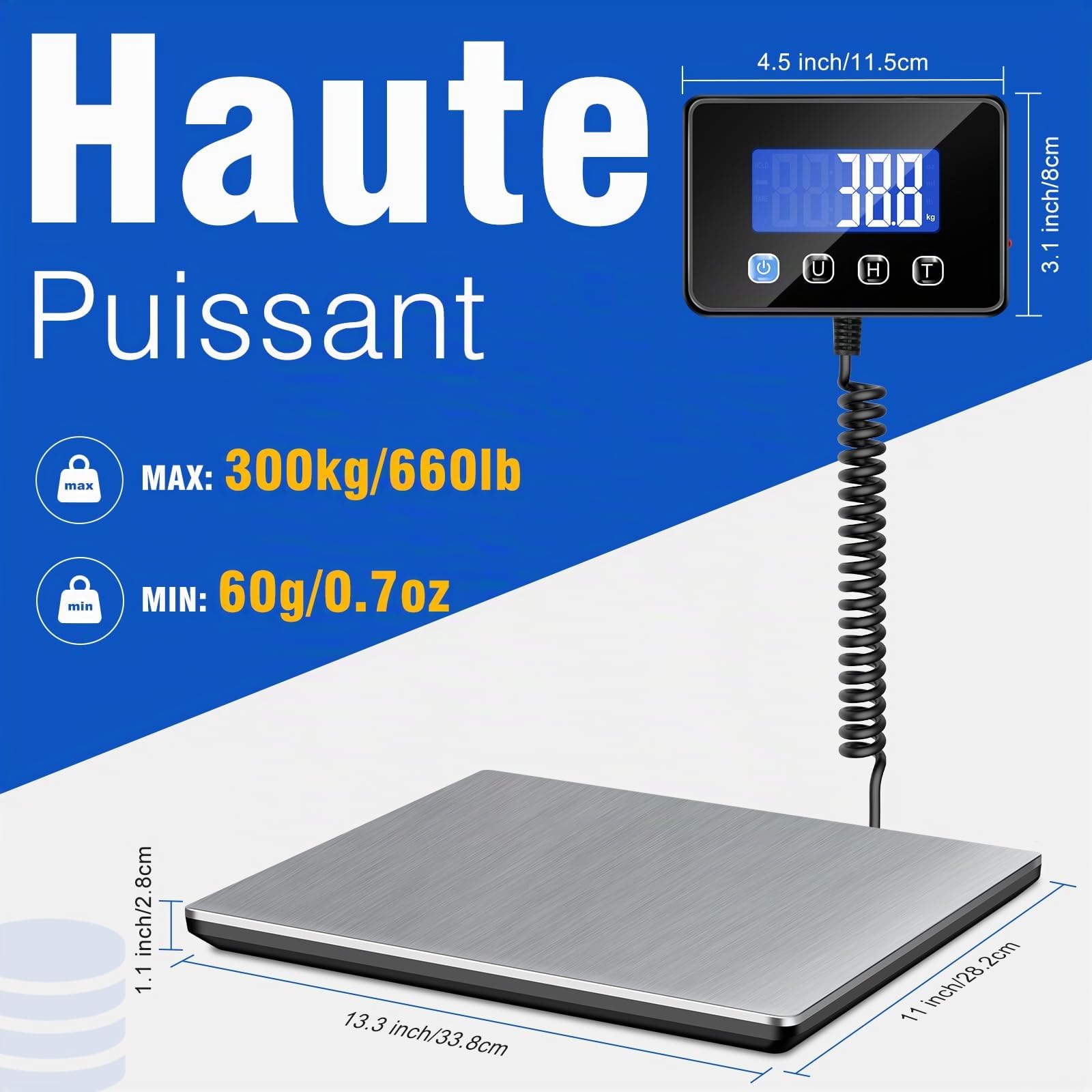 Balance Colis 300kg avec Haute Précision 20g, Pèse Colis Professionnel, Grand Écran LCD, Fonction Tarage, Alimentation sur Batterie ou Rechargeable, Idéale pour Expédition Entrepôt Commerce