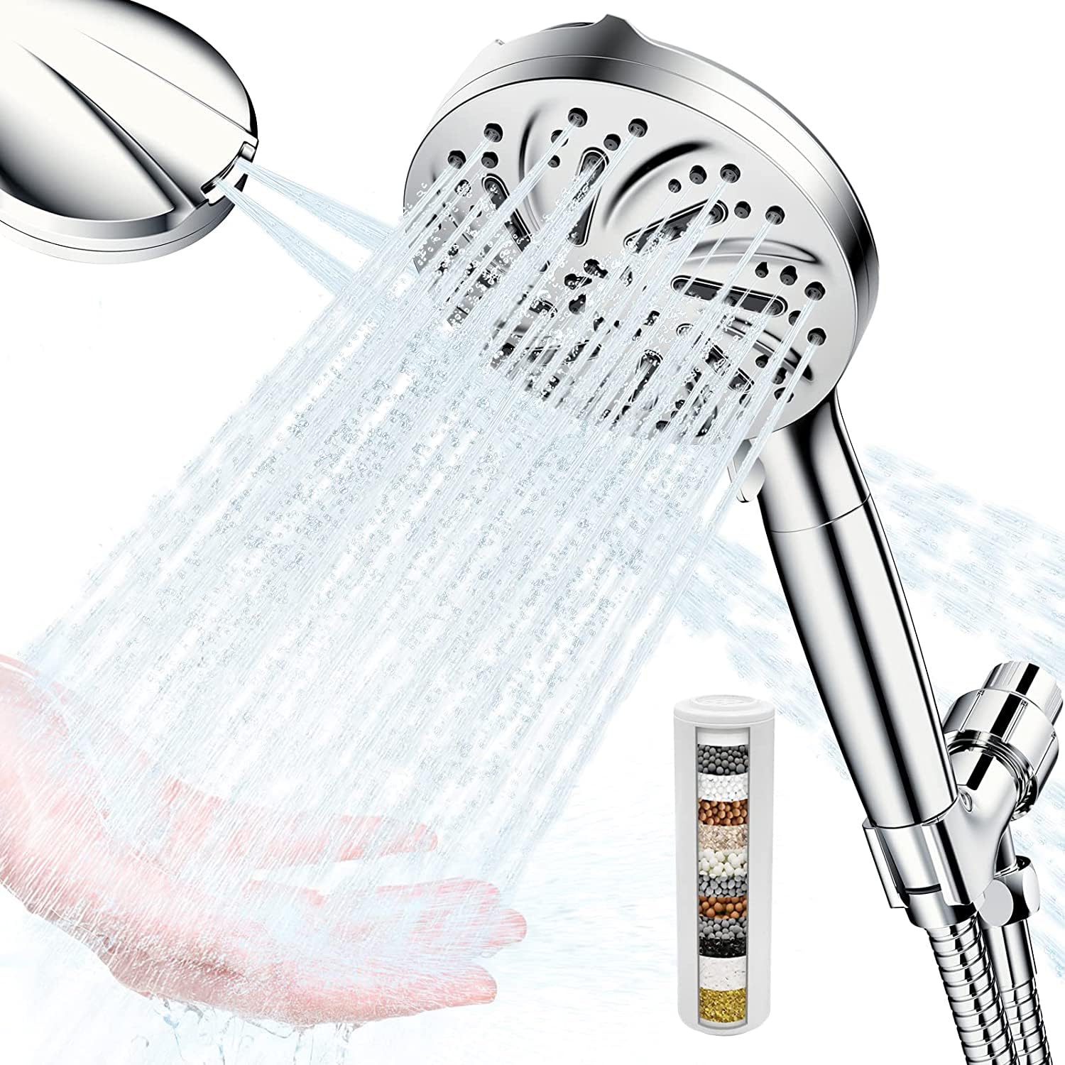 Filtered Shower Head with Handheld,10 Spray Modes/Settings,High Pressure Shower Head Handhelds with Filter 5.9FT/1.8M Stainless Steel Hose Powerful to Clean Tile & Pets,Chrome (with Bracket&Filter)