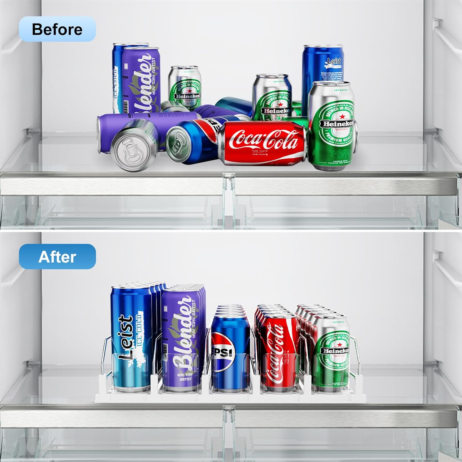 Drink Organizer for Fridge,5 Rows Fridge Soda Can Organizer,20oz 16oz 12oz-Self Pushing Soda Dispenser for Fridge,Adjustable Width-Holds up to 25 Cans,White - Image 7