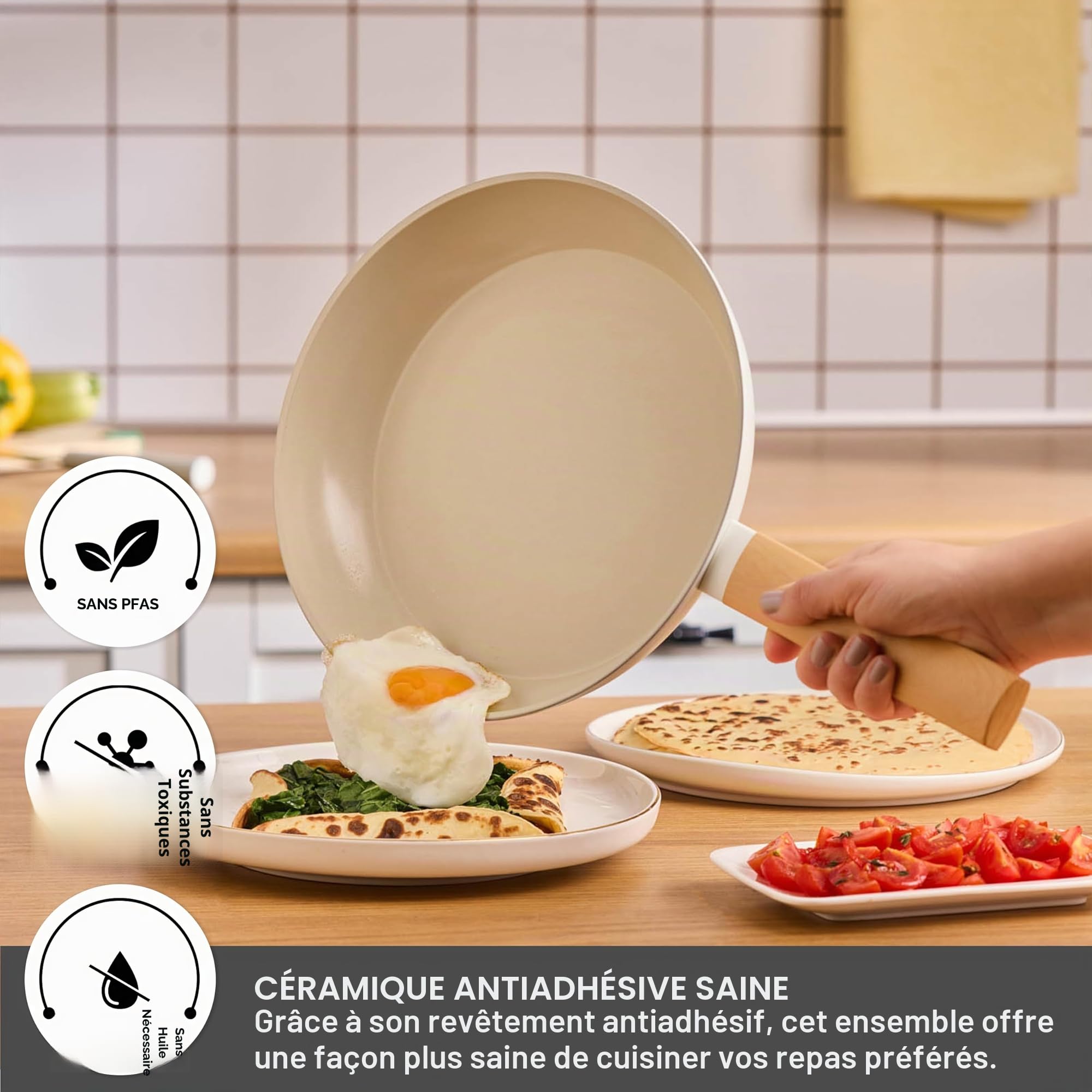 Karaca Swiss Crystal Set de Casserole avec couvercle en verre, 7 Pièces Antiadhésives, Résistantes au Feu, Sans PFAS, Cuisson Sans Huile, Batterie de Cuisine Saine et Efficace (Crème d'Amande)