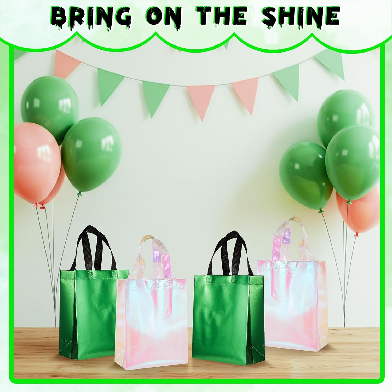 Honeydak 12 Pcs Pink and Green Party Decorations Witch and Princes Birthday Party for Women Shiny Green and Pink Gift Bags Bulk Treated Candy Goodie Non Woven Reusable Gift Bag with Handles 8Wx4Dx10H - Image 4