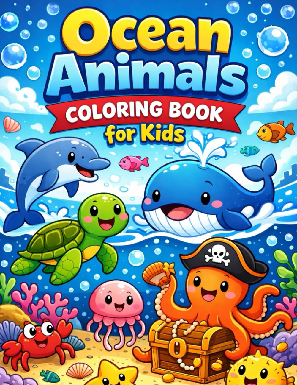 Ocean Animals Coloring Book for Kids: 50 Cute and Easy Sea Creature Coloring Pages for Fun, Learning, and Creativity