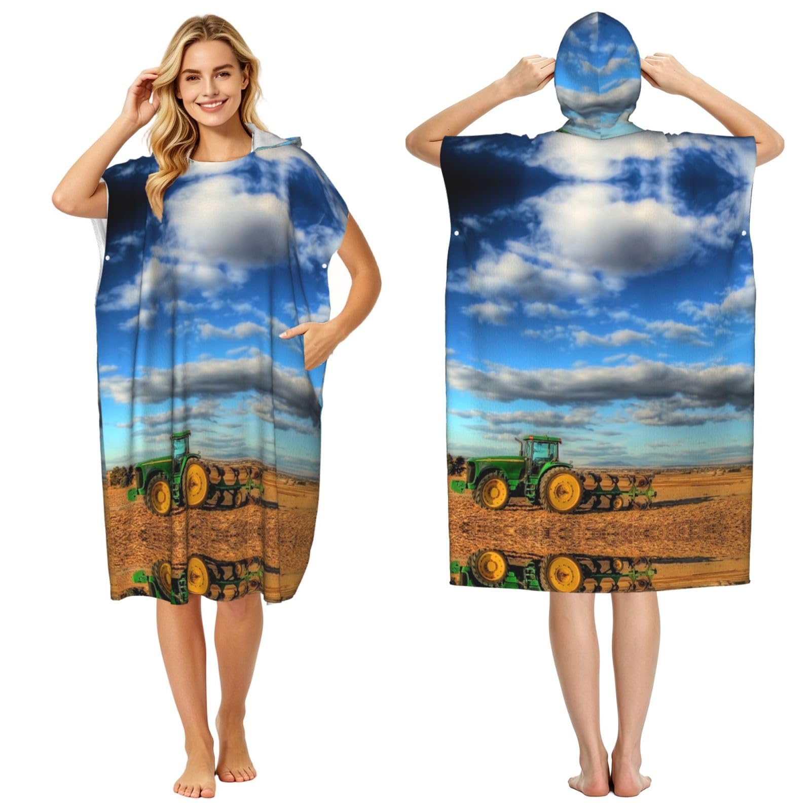 EZDLOWVBA Fantasy Farm Tractor Print Hooded Poncho Microfiber Beach Towel,Adult Women & Men Changing Robe,Lightweight Summer Surf Swim Bath Poncho Towel