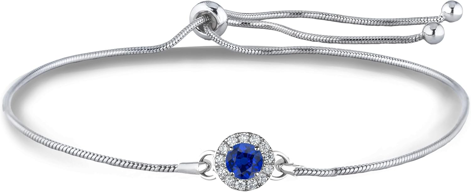 Sterling Silver Round Real Blue Sapphire Halo & 0.10 Carat TW White Diamond Adjustable Bolo Bracelet For Women, Certified Canadian