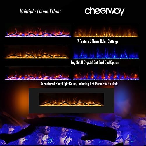 Miniatura 3 de Cheerway Chimenea eléctrica de 50 pulgadas con altavoz Bluetooth, calentador de chimenea de montaje en pared con 5 luces de punto y 7 ajustes de