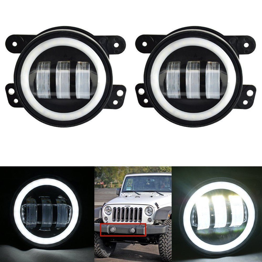 SXMA 4inch 60W LED Fog Lights with white Halo Ring for Jeep Wrangler JK Front Bumper Boat Lights (One Pair)