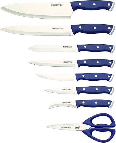 Vista 26 de Farberware Edgekeeper - Juego de bloques de cuchillos delgados con afilador integrado, 14 piezas, color negro Negro,Azul
