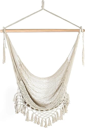 Miniatura 7 de Chihee Silla de hamaca súper grande, silla colgante de cuerda de algodón hilado suave, plegable y resistente, barra esparcidora de metal resistente,