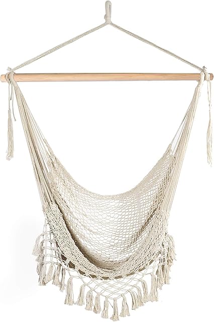 Chihee Hammock Chair Super Large Hanging Chair Soft-Spun Cotton Rope Weaving Chair, Hardwood Spreader Bar Wide Seat Lace Swing Chair Indoor Outdoor Garden Yard Theme Decoration