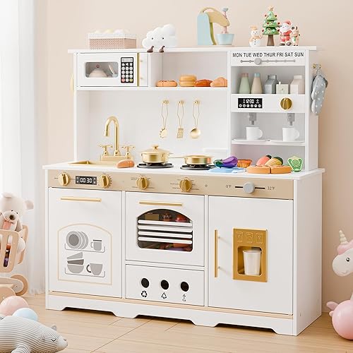Juego de cocina de 35.8 pulgadas para niños, cocina de juguete para niños pequeños, juego de cocina de madera 23 en 1 para niños con alimentos de