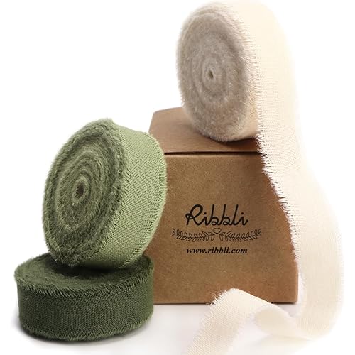 Ribbli 3 Rolls Green Ribbon 5/8 Inch x 18Yards Ivory Sage Moss Handmade Cotton Frayed Fringe Ribbons for Gift Wrapping Wedding Invites Bridal Bouquets Baby Shower DIY Crafts Home Decor