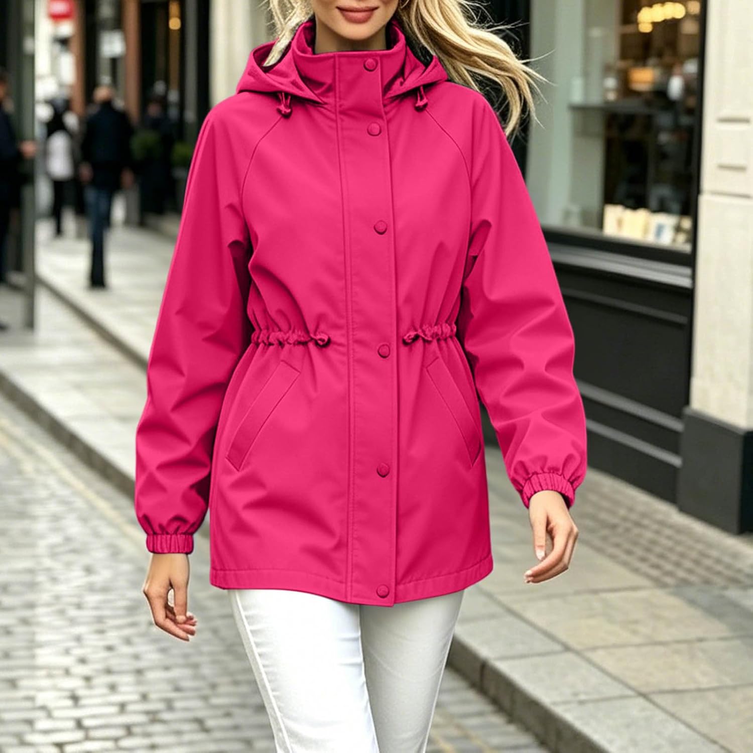 Rain Jacket for Women Lightweight Hooded Button Front Trench Coat | Women's Mid Length Anorak with Cinch Waist, Snap Pocket, Elastic Cuffs for Fall Spring Travel Casual Outdoor