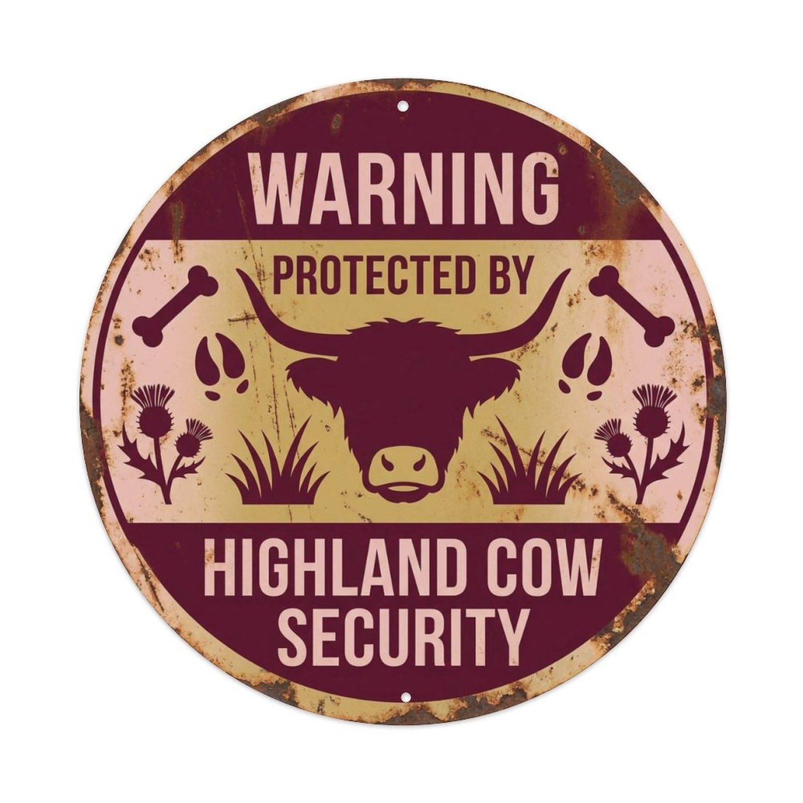 Highland Cow Security Warning Vintage Red Metal Tin Sign