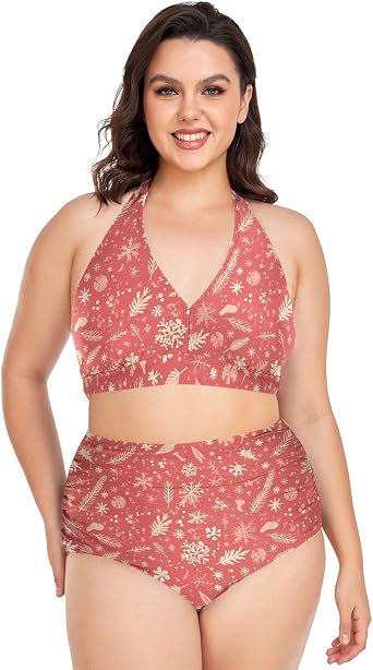 KLL Merry Christmas Snowflake Red Hoho Womens Plus Size Bikini 2 Piece Bathing Suits High Waist