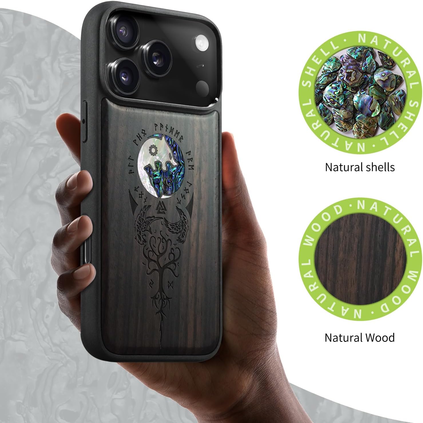 Carveit Magnetic Case for iPhone 17 Pro Max Case, Wood Artisan Engraved & Handmade Shell Inlaid, TPU Shockproof Cover, Compatible with MagSafe Wireless Chargers (Yin Yang Wolf-Blackwood)