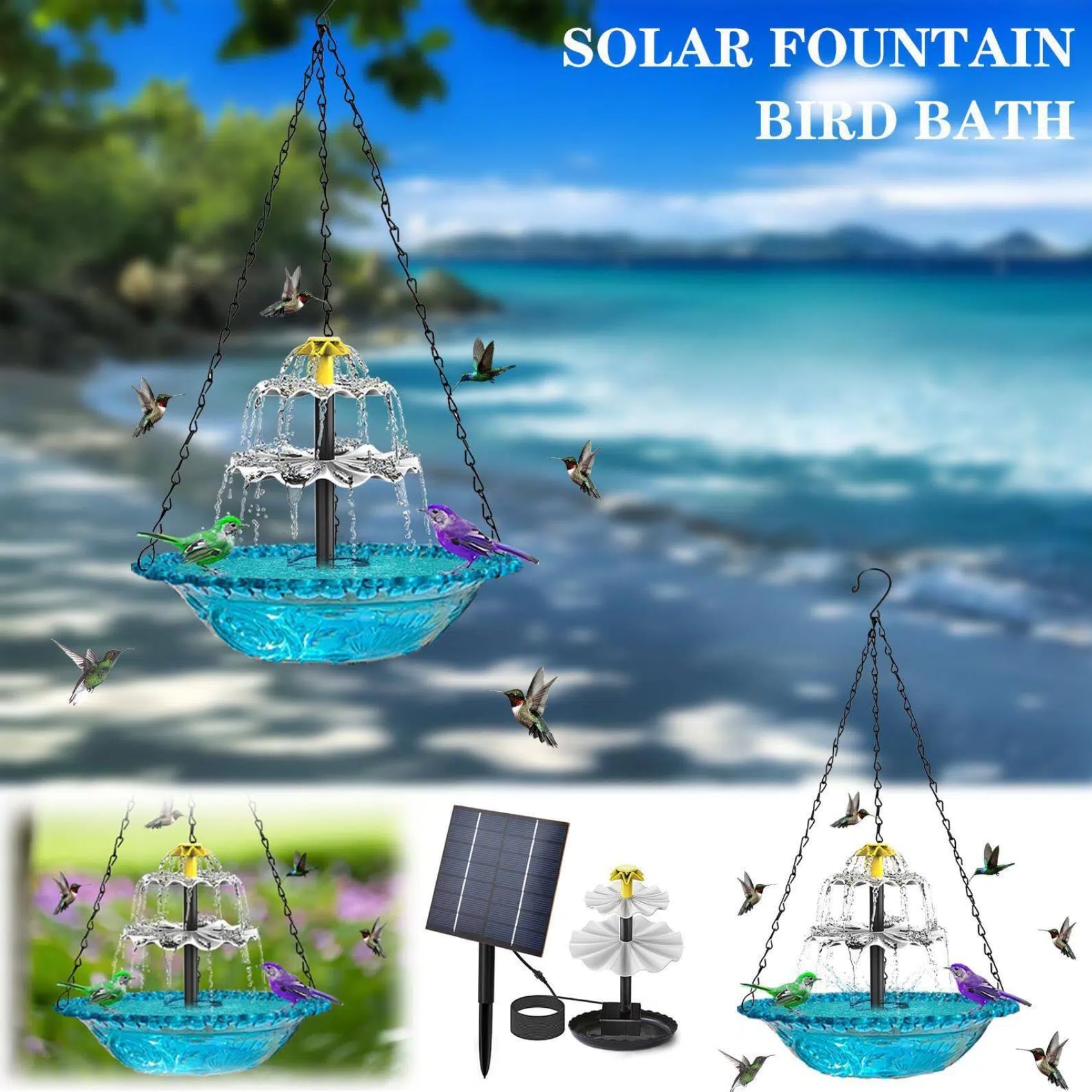 Solar Cascade Hanging Bird Bath Fountain Solar Fountain for Bird Bath, Outdoor Hanging Bird Bath with Solar Fountain, with Solars Pump Gardens Decorative Garden Yard Patio Bird Bath Fountain (Blue) — view 2
