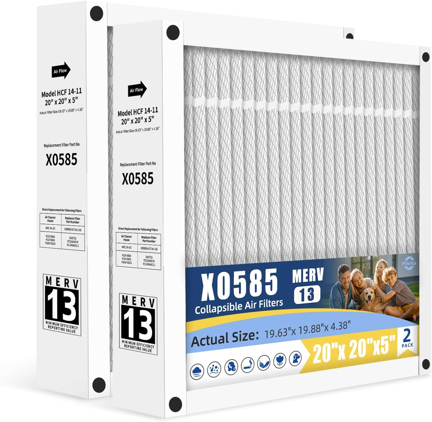 20x20x5 Air Filter MERV13 Compatible with Honeywell FC100A1011,Lennox X0585 X8305 X8308, HVAC AC Furnace Filters Actual Size 19.63"x 19.88"x 4.38" Foldable (2-PACKS)