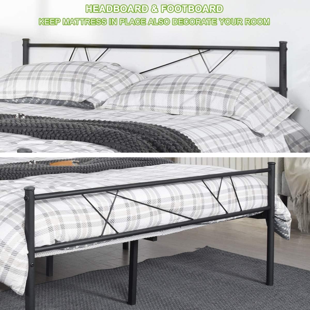 Queen Size Steel Foundation Metal Bed Frame Classic Headboard Single Bed