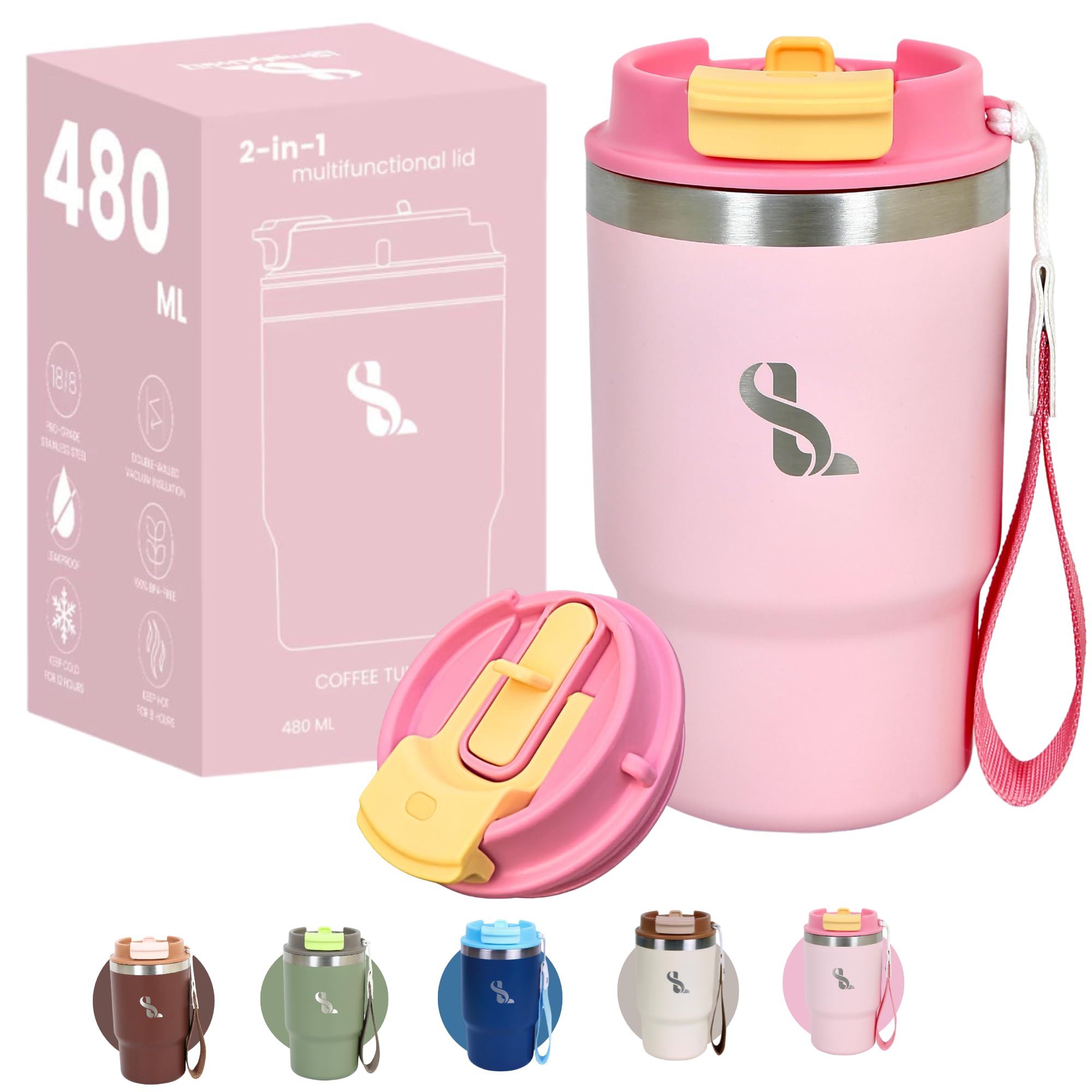 Premium Tumbler with Lid and Straw | 480ml (16oz) | Hot and Cold Drinks | Leak Proof | Travel Mug | Coffee Cup | Double Wall Stainless Steel | Unique Packaging for Gifts | Light Pink