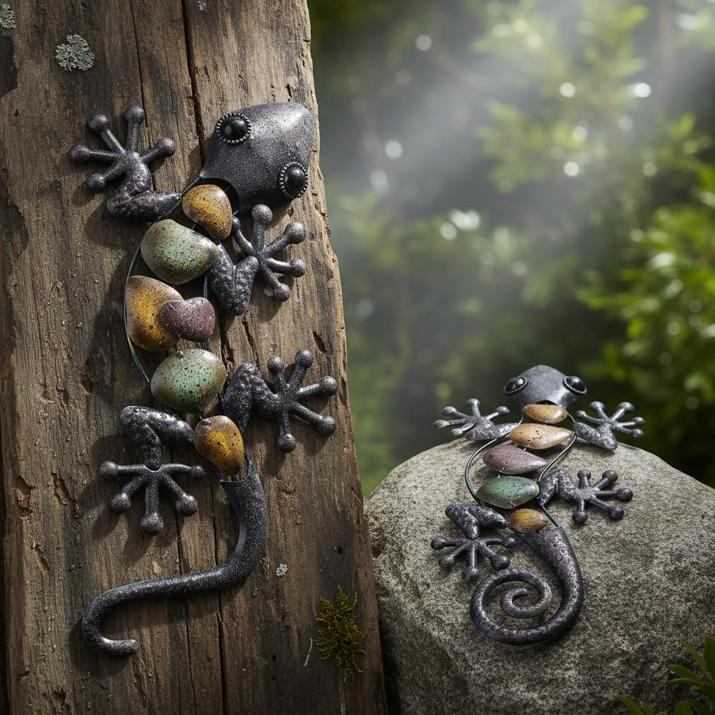 ROCKING GIFTS Adorno de Pared, x2 Lagartos, Metal, 37 cm, decoración de Pared, jardín, al Aire Libre, Figura de Lagartos, decoración de Metal, Colgante para Patio o Valla, Sala de Estar, baño