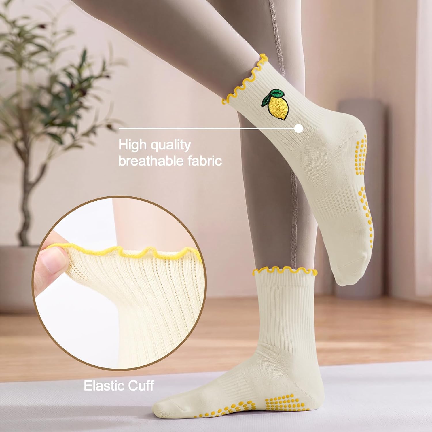 Pilates Yoga Grip Socks for Women, Cherry Strawberry Peach Lemon Ruffled Crew Grippy Socks for Fitness Ballet Dance