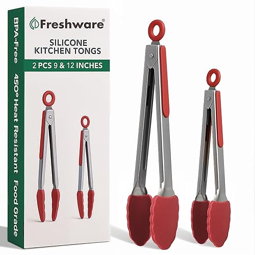 Freshware Pinzas de cocina de acero inoxidable para cocinar con puntas de silicona, pinzas de silicona para asar a la parrilla, servir alimentos y
