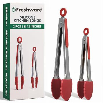 Freshware Stainless Steel Kitchen Tongs for Cooking with Silicone Tips, Silicone Tong for Grilling, Serving Food and Kitchen Essentials, 9" & 12" Silicone Tongs, Set of 2