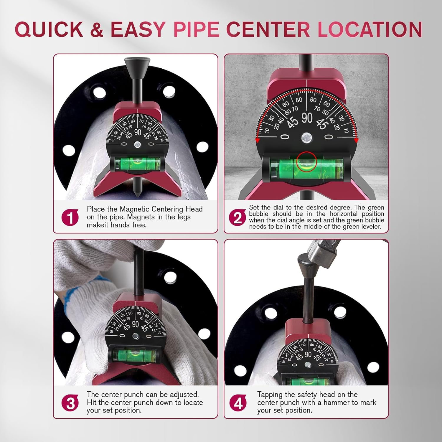 Strumento Centraggio Marcatubi, Magnetica Strumento di Centraggio per Marcatori di Tubi di Sicurezza, Pipe Center Finder Cercatore centrale per tubi con Goniometro a Bolla von 1-1/2" bis 6"