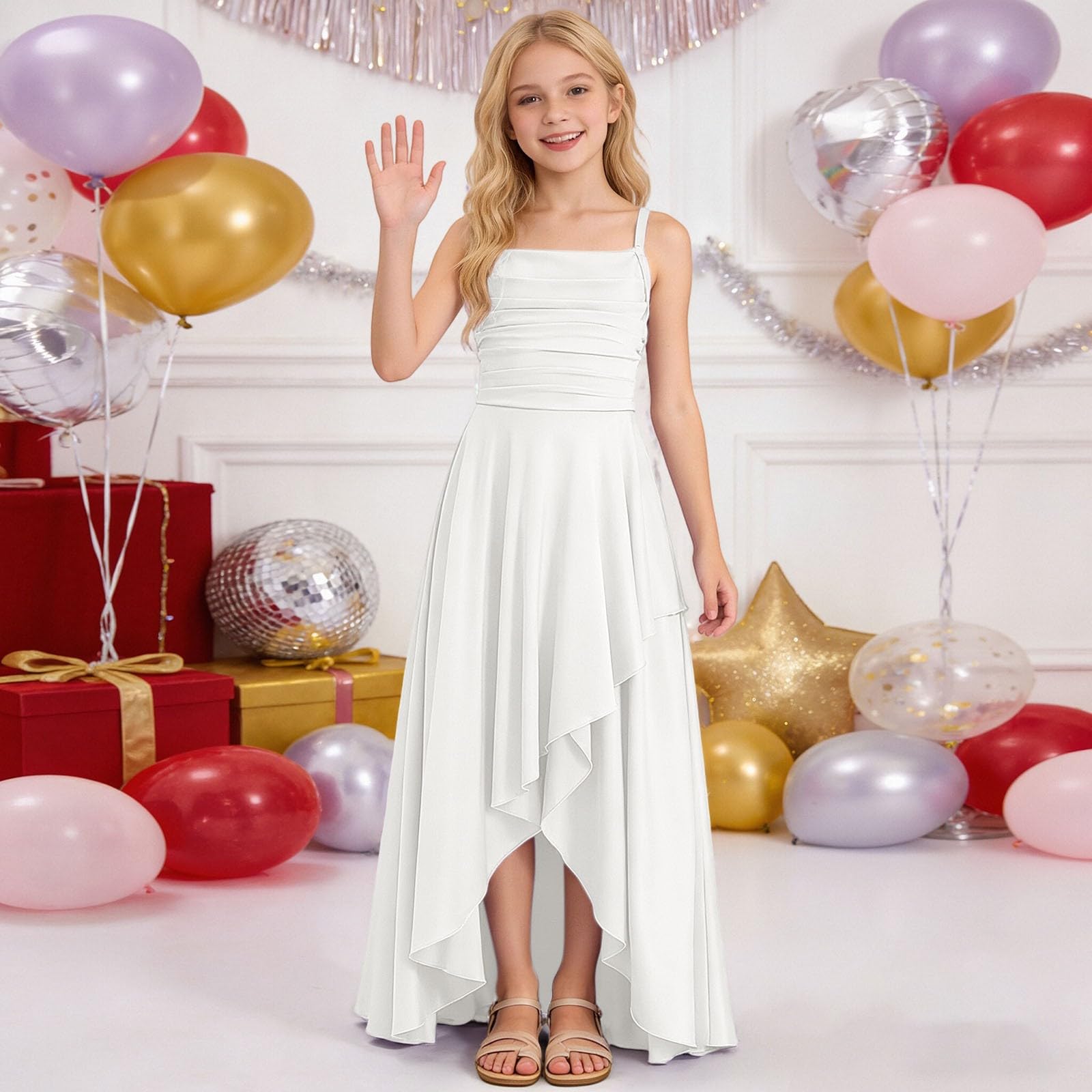 Generisch Mädchen Partykleid mit gestuftem Rüschenrock trägerlosem gekreuztem Oberteil für Festliche Anlässe Geburtstagsfeiern sommerliche Tüllschichten Elegante Kindermode