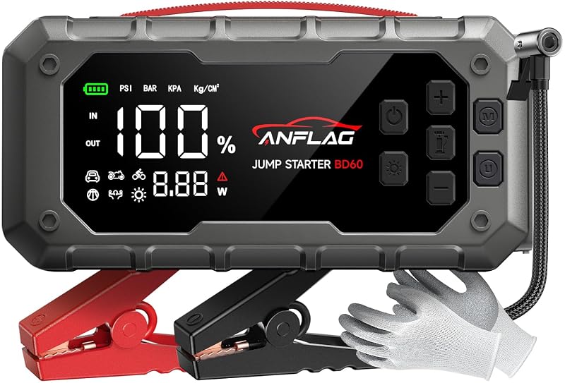 Auxiliar de Partida Automotivo ANFLAG BD60 8000 A com Compressor de Ar, Inflador 160 PSI, Power Bank PD65W e Saída EC5 de 160 W