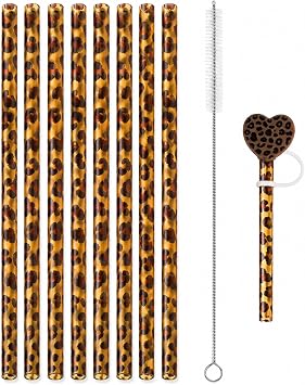 10PCS Set Leopard Straw Cheetah Animal Straws Hard Plastic Reusable Straw and Cleaning Brush Heart Silicone Straw Toppers with Leopard Print Summer Party Supplies Brown
