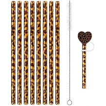 10PCS Set Leopard Straw Cheetah Animal Straws Hard Plastic Reusable Straw and Cleaning Brush Heart Silicone Straw Toppers with Leopard Print Summer Party Supplies Brown