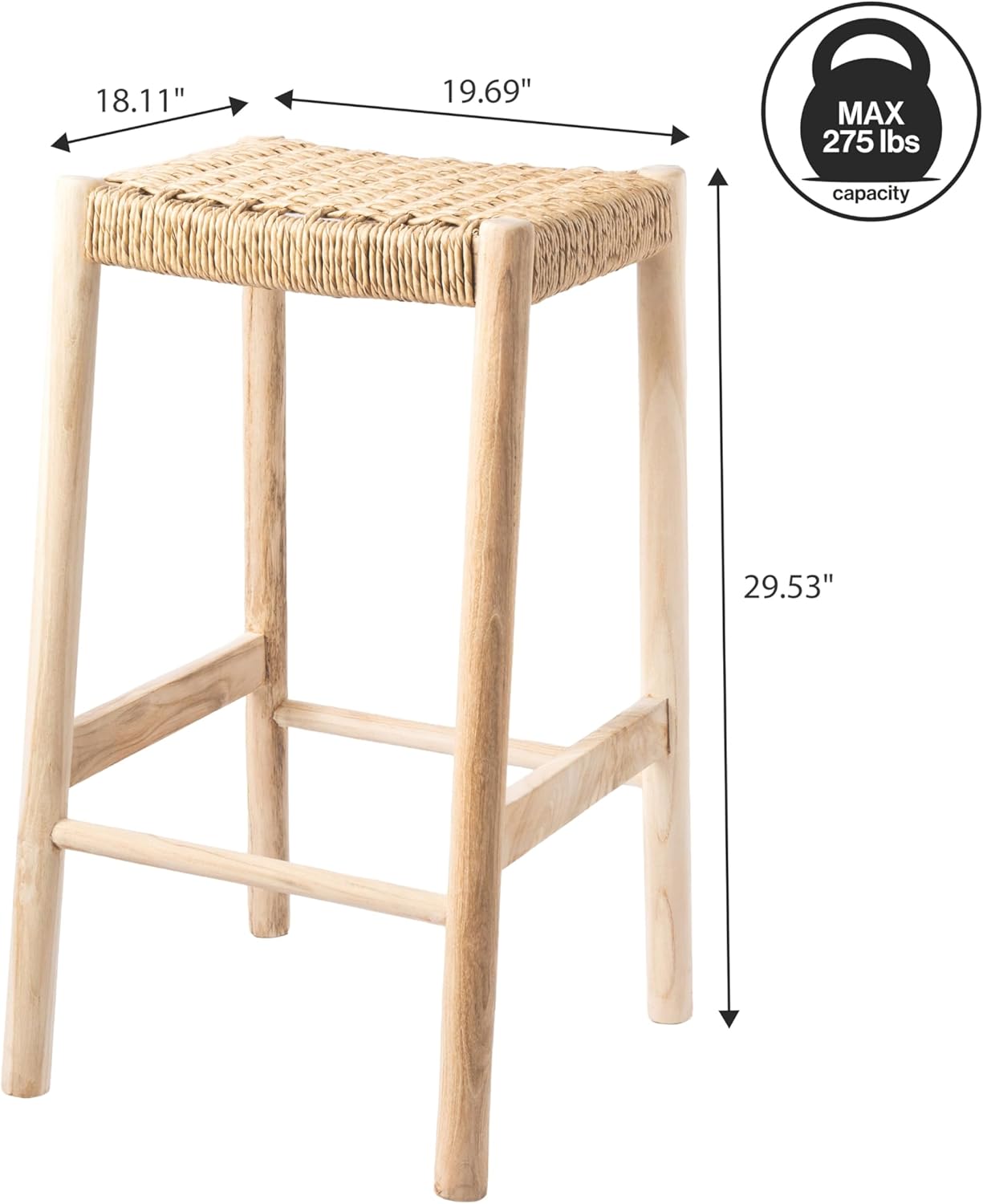 JONATHAN Y Armati Solid Teak Wood Backless 29.5" Bar Stool with Woven Synthetic Rattan Seat, Coastal Indoor Outdoor Kitchen Island Chair, Natural Finish BSL3001A