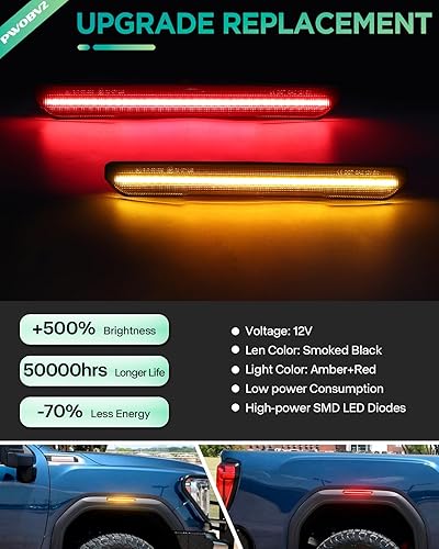 Miniatura 9 de PWOBVZ Luz de marcador lateral LED ámbar con lente ahumada para camioneta GMC Sierra 2500HD 3500HD 2020 2021 2022 2023 2024, lámpara de posición de