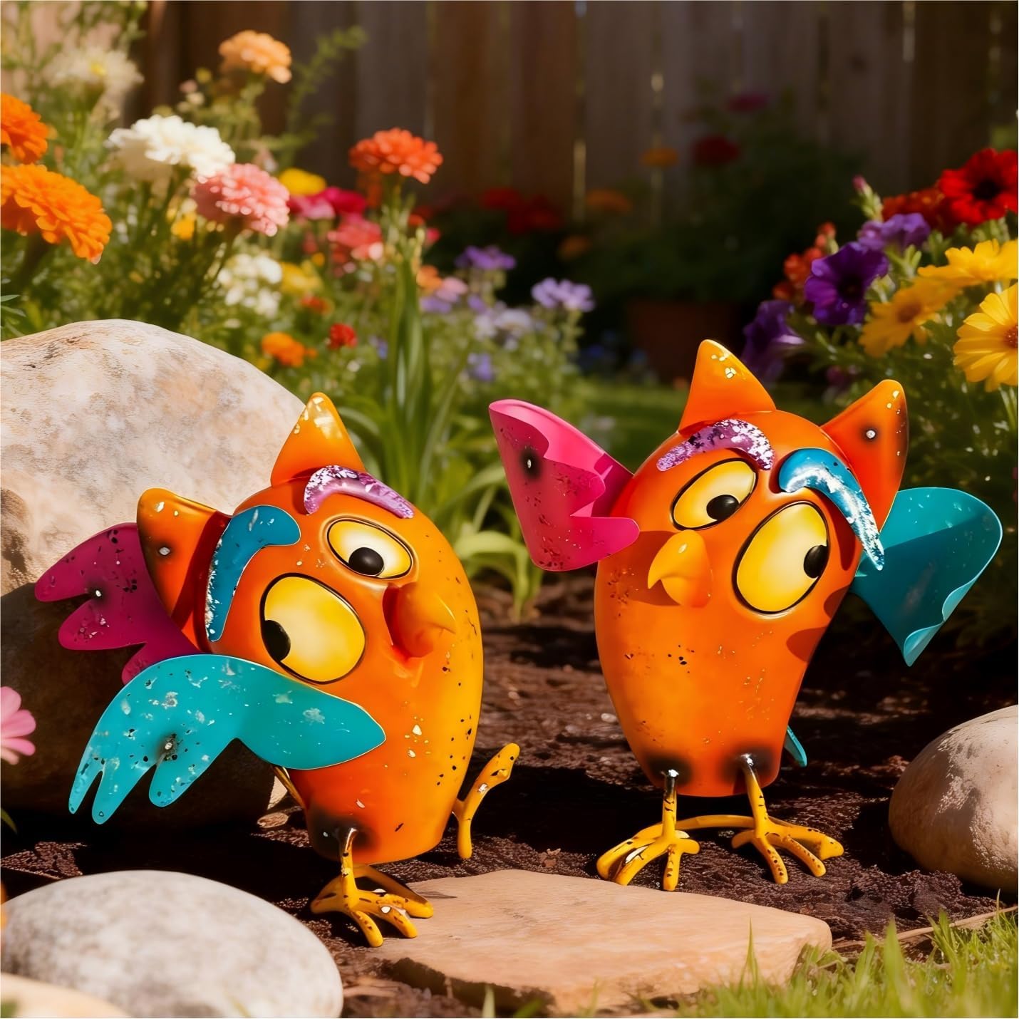 Natelf Bird Garden Decor for Outside, Outdoor Bird Statues Yard Art Set of 2, Wacky Funny Metal Figurines Gifts for Grandma Mom Women