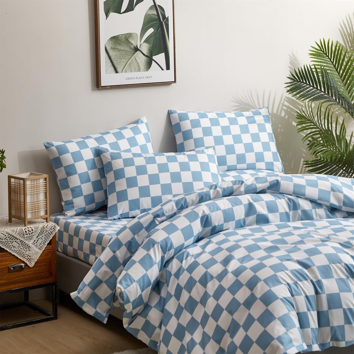 KAREVER Blue Grid Bed Sheet Set Blue White Checkered 4 PCs Bedding Sheet Set 1 Fitted Sheet 1 Flat Sheet with 2 Pillowcases Light Blue Plaid Sheet King Size