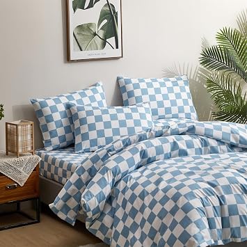KAREVER Blue Grid Bed Sheet Set Blue White Checkered 4 PCs Bedding Sheet Set 1 Fitted Sheet 1 Flat Sheet with 2 Pillowcases Light Blue Plaid Sheet King Size