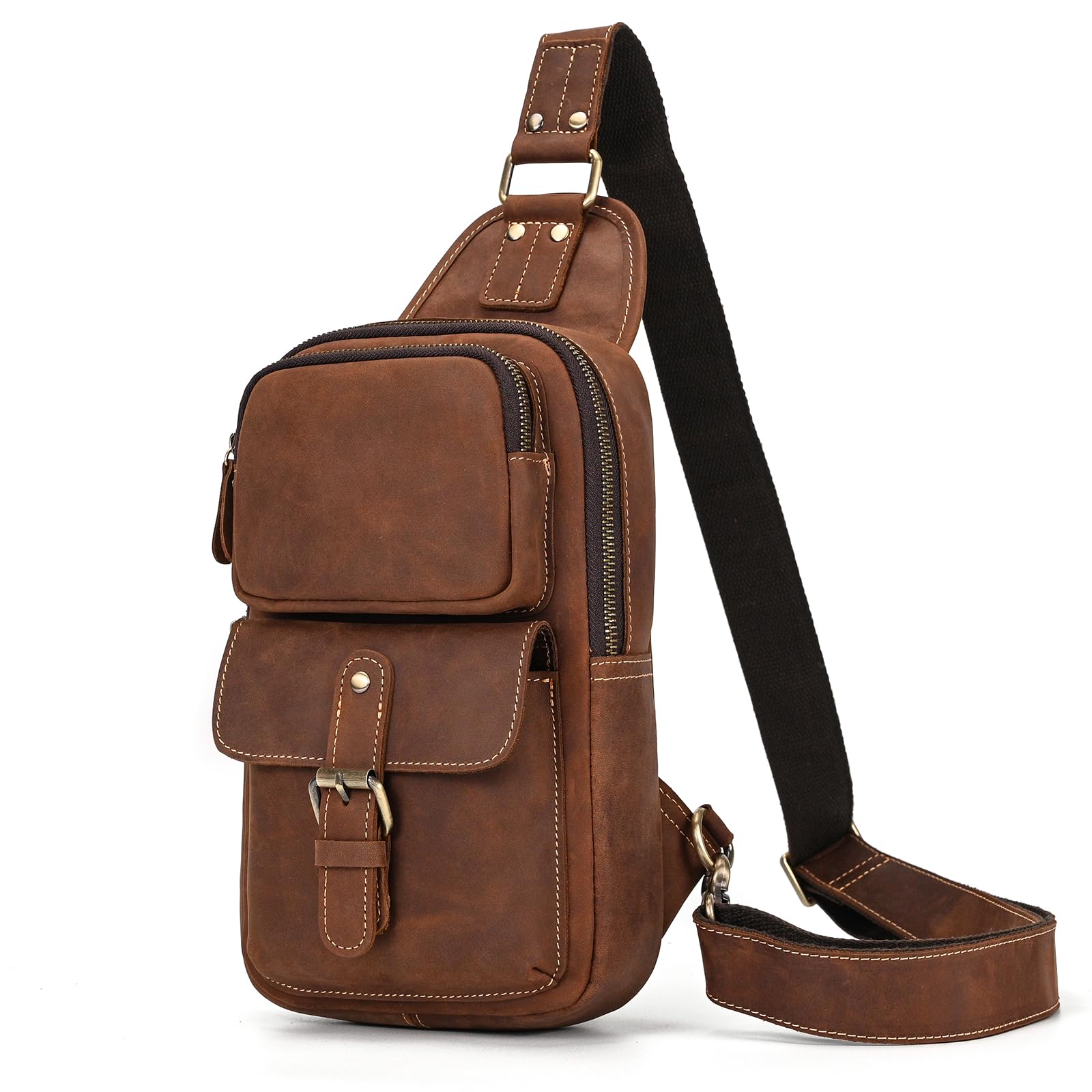 SAIION Men Leather Chest Bag Sling Bag Shoulder Bag Leather Crossbody Bag for Men