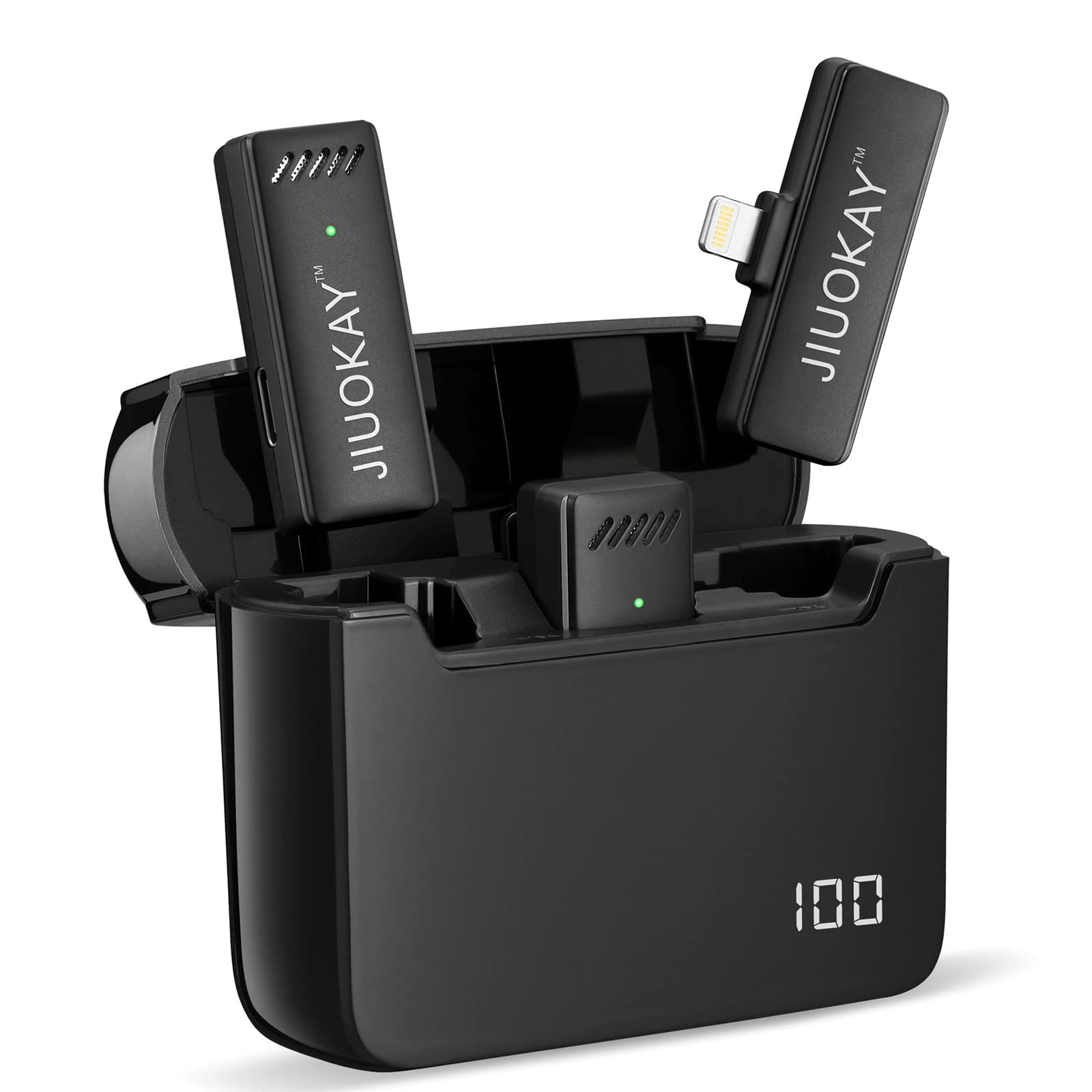 JIUOKAY Wireless Lavalier Microphone with Charging Case for iPhone, 2 Pack Mini Clip on Lapel Microphone Wireless for Video Recording Interview YouTube Vlog Tiktok Live Streaming (iPhone)