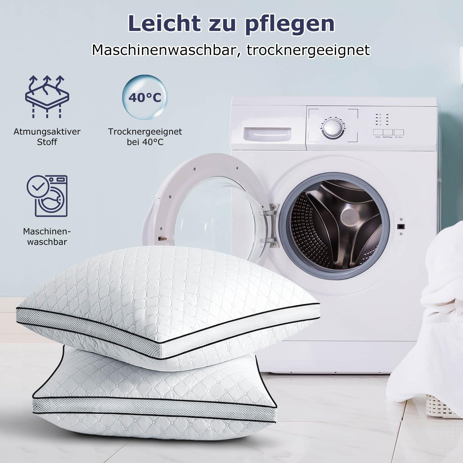 Kopfkissen 80x80 cm 2er Set, orthopädisches Seitenschläferkissen mit Premium Füllung, Atmungsaktives Nackenkissen, Schlaf-,Sitz-,Bett-,Sofa-Kissen für Allergiker weich und stützend waschbar