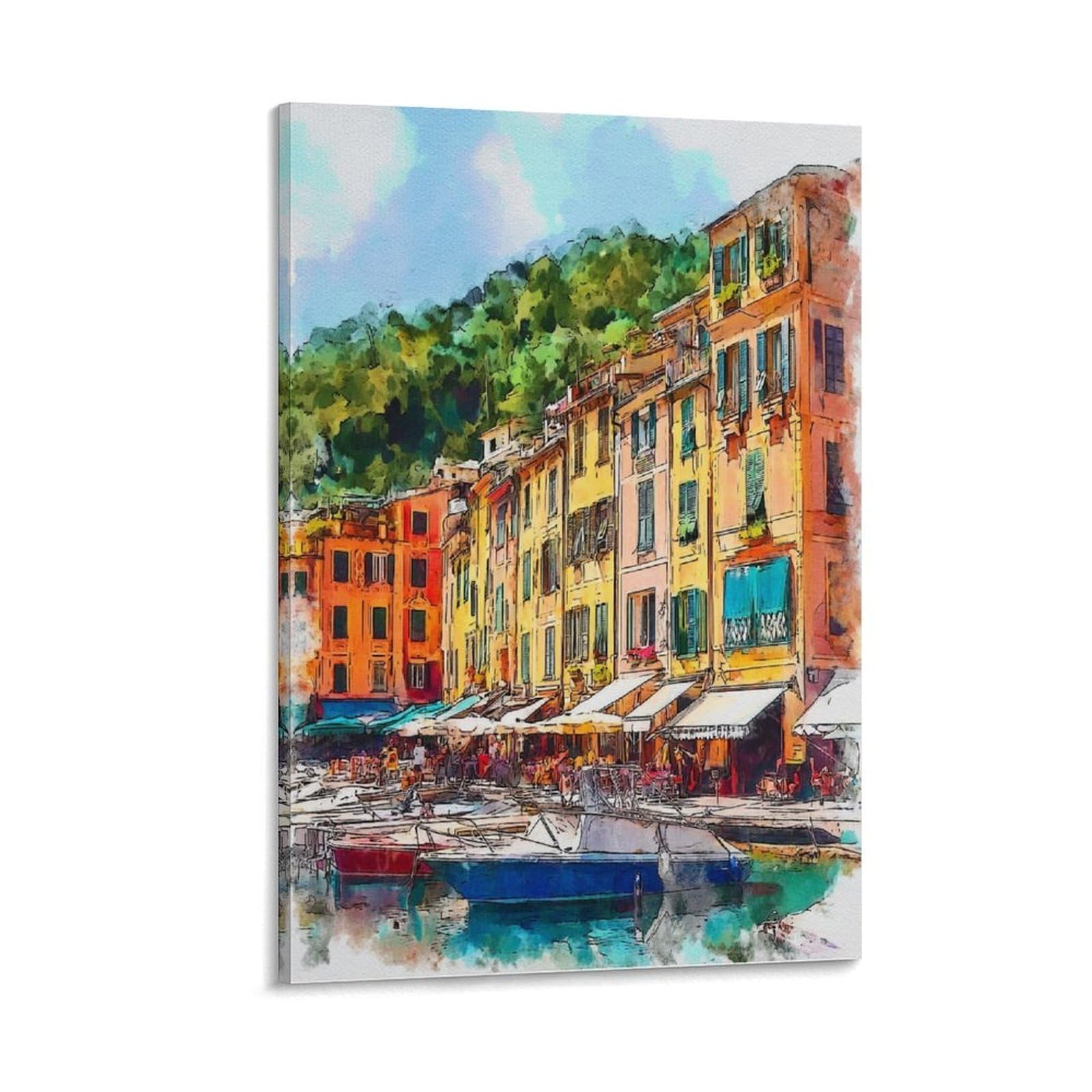 Cnaheiz Frame-Style Portofino Italy 08X12inch(20X30cm) Vintage Travel Poster Watercolor Canvas Art