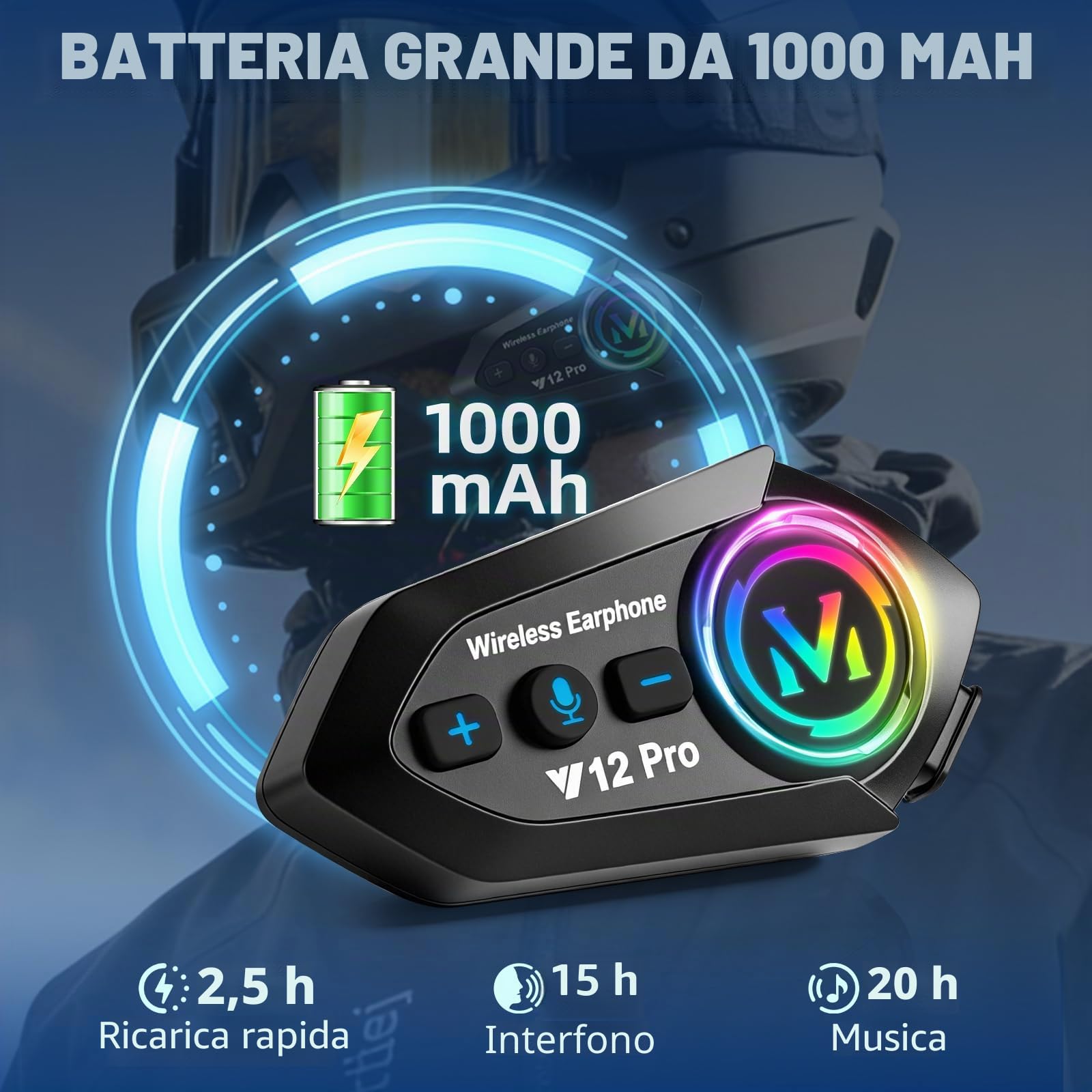 Intercom Moto Duo per 2 caschi, Bluetooth 5.4 con condivisione musicale, sistema di comunicazione da 500 m per 2 motociclisti, IP56 impermeabile - compatibile con tutti i caschi (confezione da