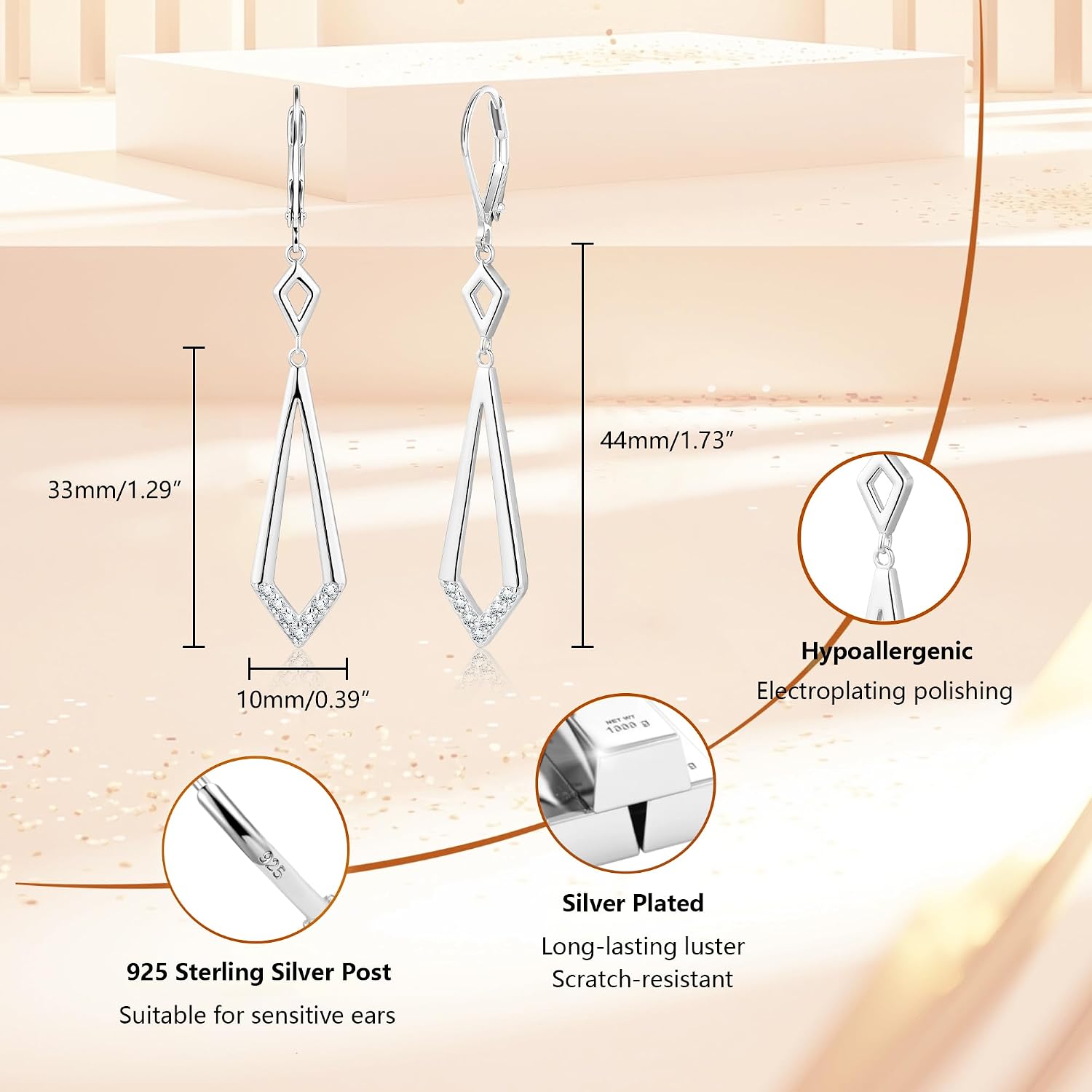 ALEXCRAFT Geometric Silver Dangle Earrings for Women, Hypoallergenic Lightweight Simple Everyday Elegant 14K Gold Plated Long Rhombus Dangling Drop Leverback Earrings for Women Trendy Boho Jewelry