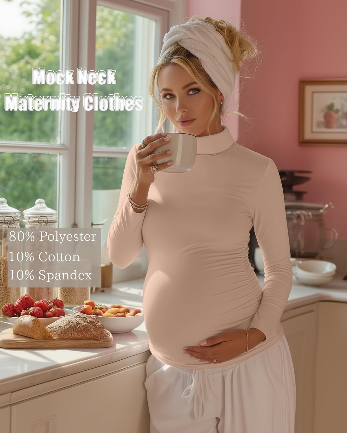 4 Pack Women's Maternity Shirts, Turtleneck Long Sleeve Pregnancy Tee Tops Side Ruched Mock Neck Maternity Clothes - Image 4