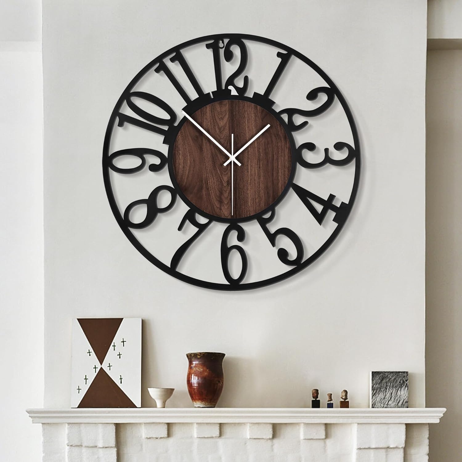 LEIKE Large Wall Clocks,Silent,Non Ticking,Battery Operated Big Retro Round Modern Wood Wall Clock for Living Room, Bedroom,Dinning Room,Farmhouse,Office,Home Decor-20 Inch(Black-Arabic Number) 20 IN Black Wood-arabic Number